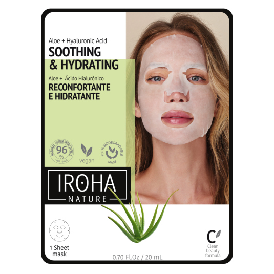 iroha nature mascarilla facial reconfortante e hidratante con aloe vera y acido hialuronico tejido 100% biodegradable