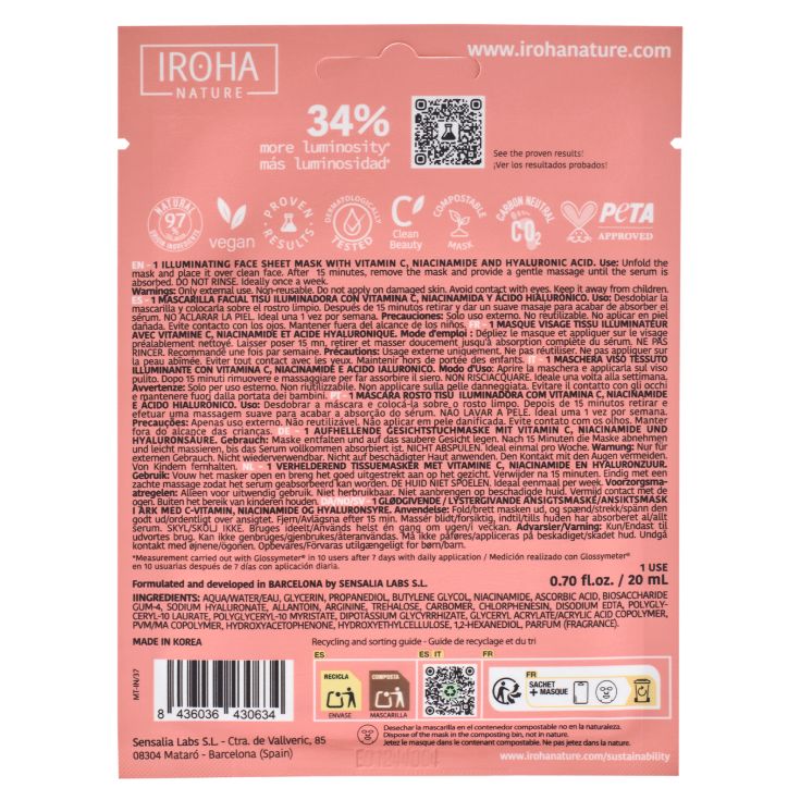 iroha nature mascarilla facial iluminadora e hidratante con vitamina c pura y acido hialuronico tejido 100% biodegradable