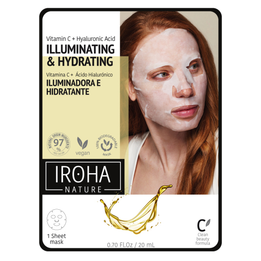 iroha nature mascarilla facial iluminadora e hidratante con vitamina c pura y acido hialuronico tejido 100% biodegradable