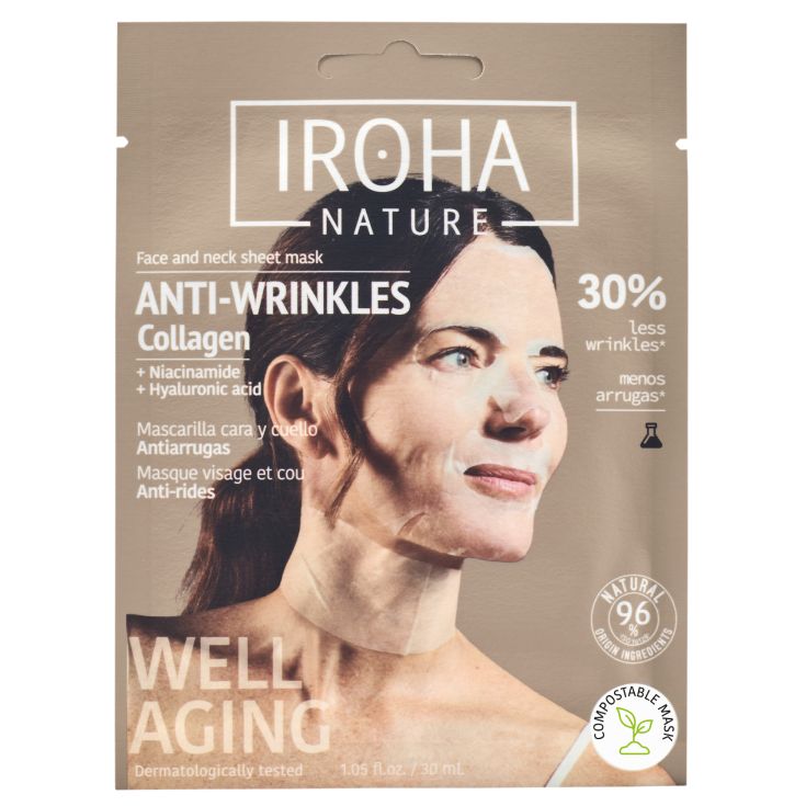 iroha nature mascarilla cara y cuello antiarrugas y antiedad con colageno y acido hialuronico tejido 100% biodegradable