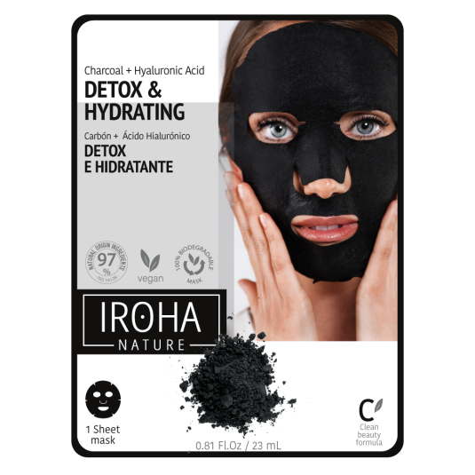 iroha nature mascarilla facial detox e hidratante con carbon activo y acido hialuronico tejido 100% biodegradable