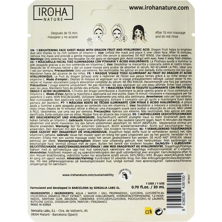 iroha nature mascarilla facial iluminadora con pitahaya 1 unidad