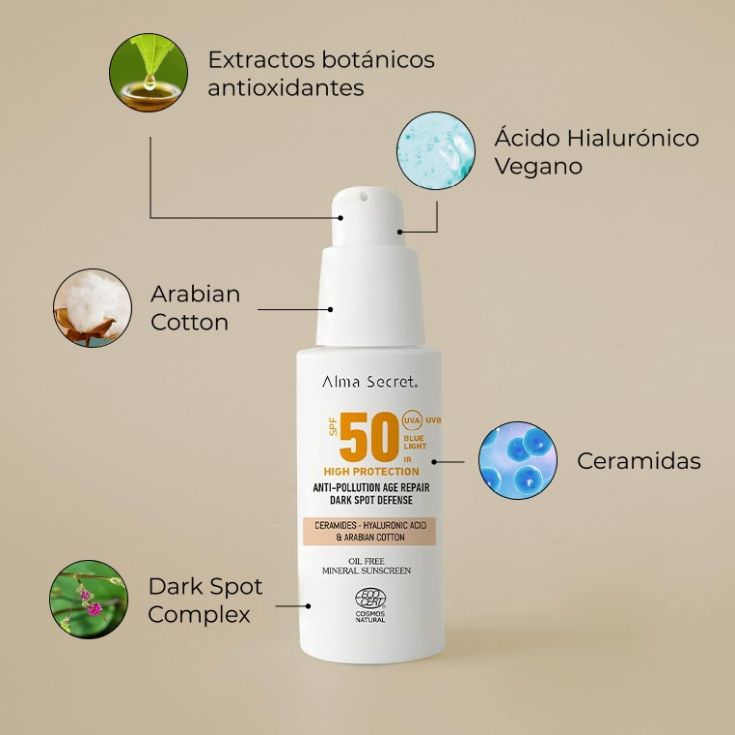alma secret protector solar facial spf 50 50ml con color