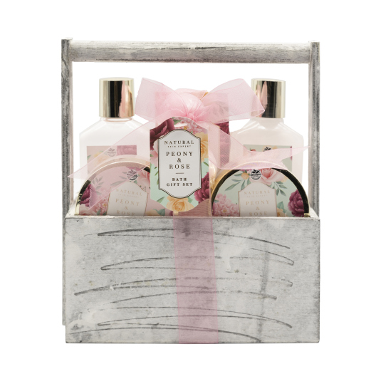 cesta de baño caja madera peonias y rosas 6 piezas