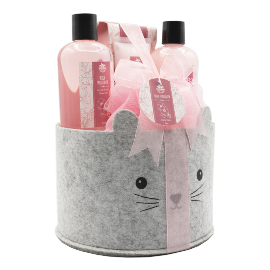 cesta baño forma gato tela rosa mosqueta 5 piezas