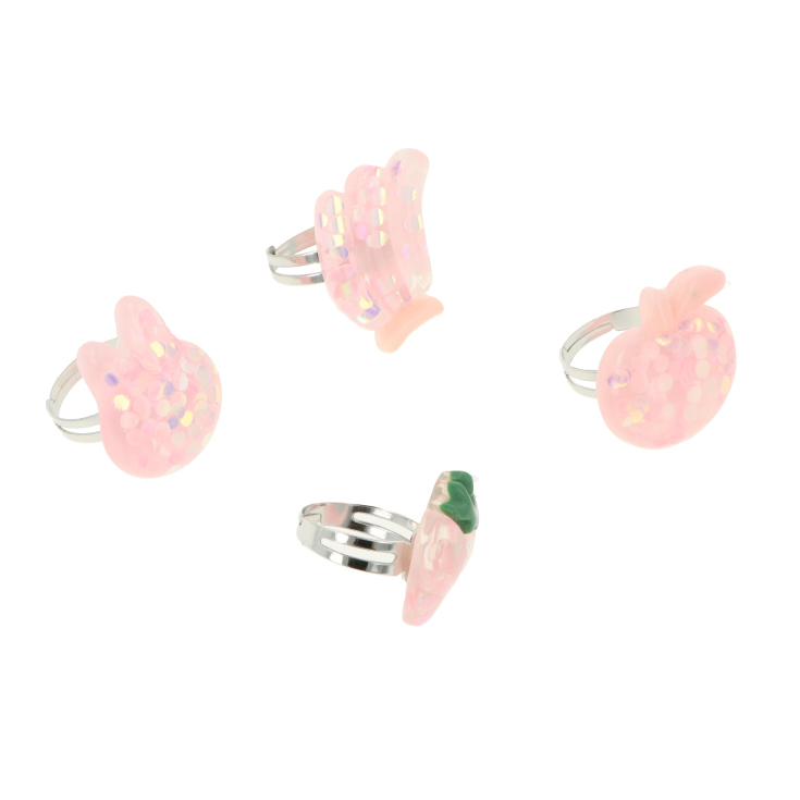 set 4 anillos infantiles cajita 3d castillo rosa