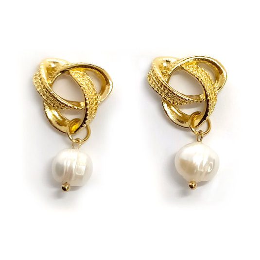 pendientes dorados aros entrelazados y perla colgante 1 par