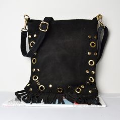 bolso bandolera piel de serraje tachuelas y flecos negro