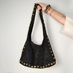 bolso saco de hombro piel de serraje con tachuelas negro