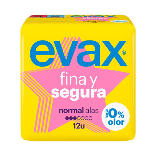 evax fina y segura compresa con alas normal 12uds