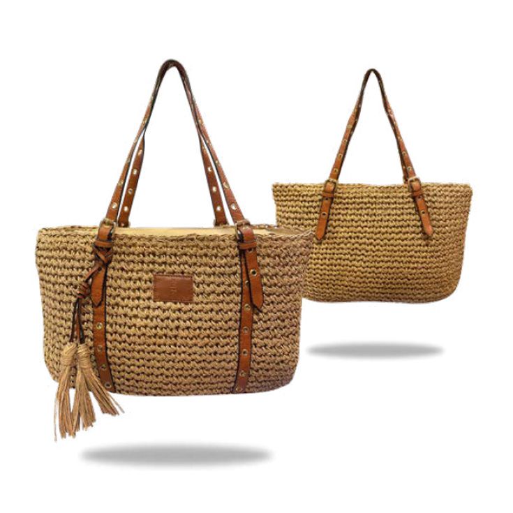 javier larrainzar bolso grande de hombro rafia con 2 asas marron