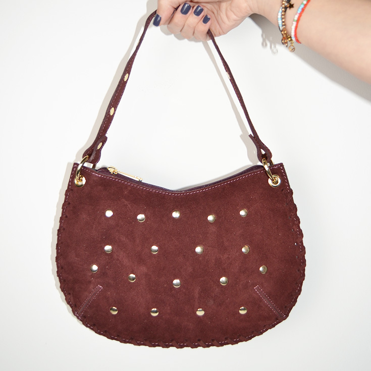 bolso de mano semirendondo tachuelas serraje piel burdeos