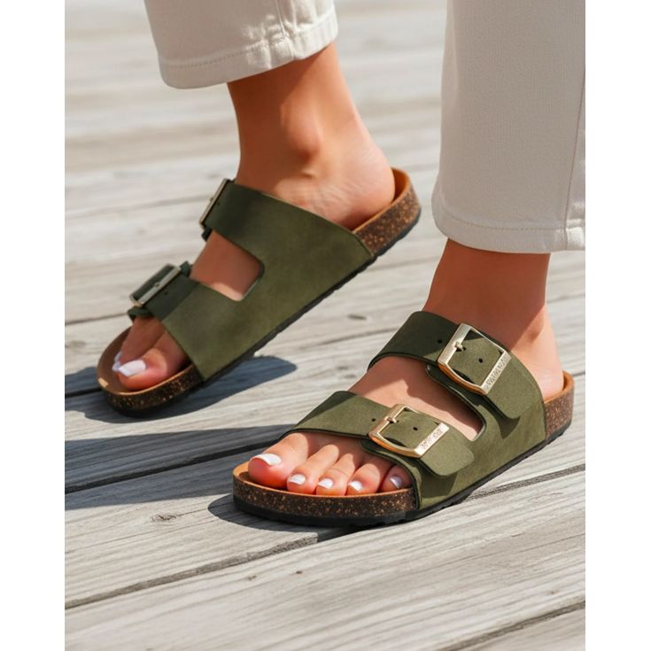 isotoner sandalia mules doble correa verdes