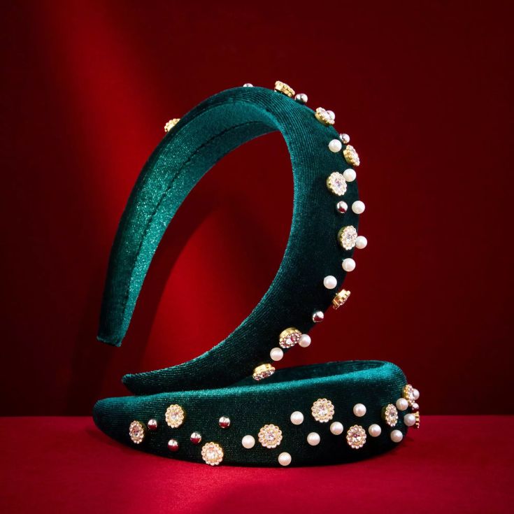 catrice festive treasures diadema terciopelo verde con perlas y brillos