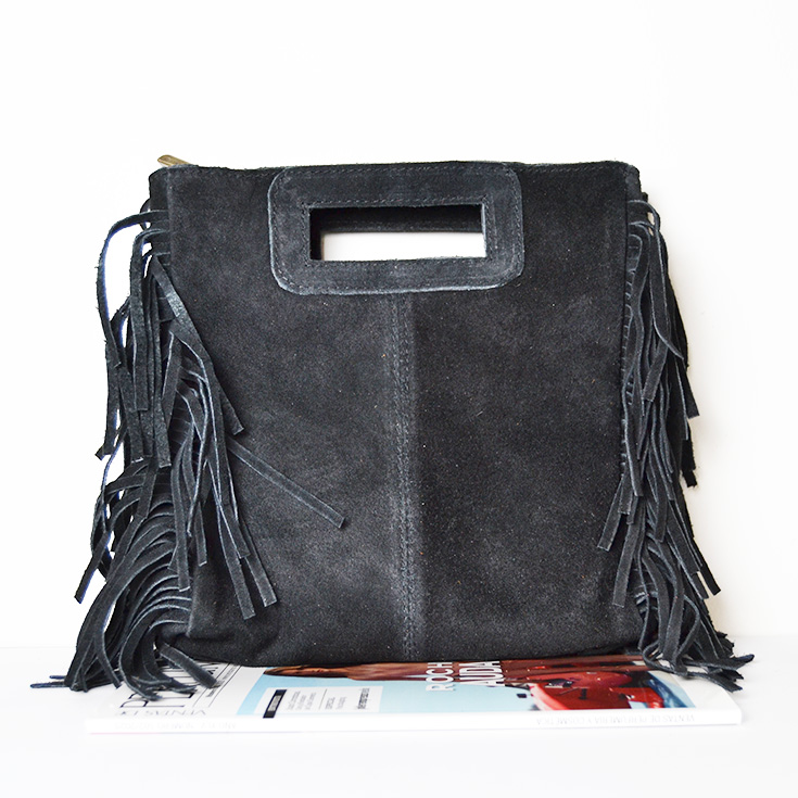 bolso bandolera con flecos piel de serraje negro