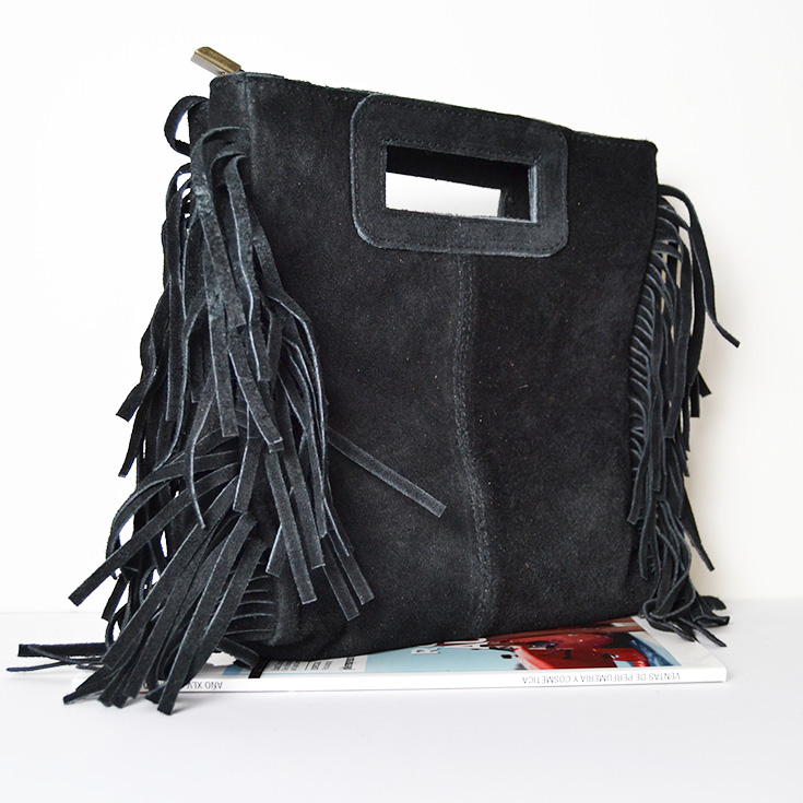 bolso bandolera con flecos piel de serraje negro