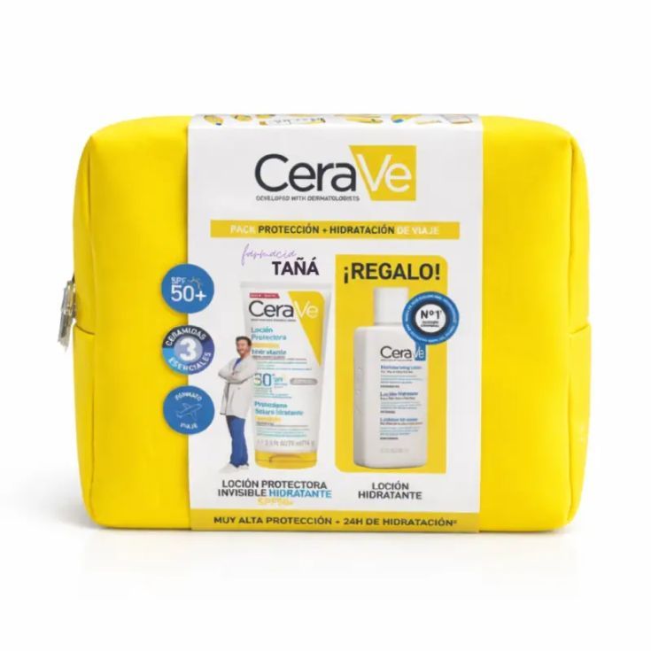 cerave set loción protector solar invisible spf50 75 ml + loción hidratante 88 ml