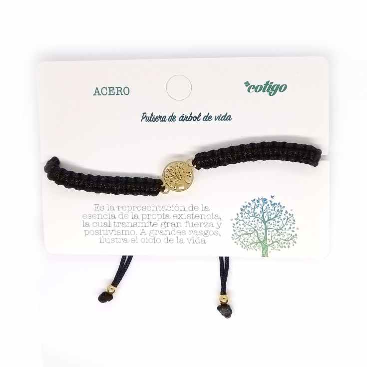 pulsera nudos negra arbol de la vida dorado