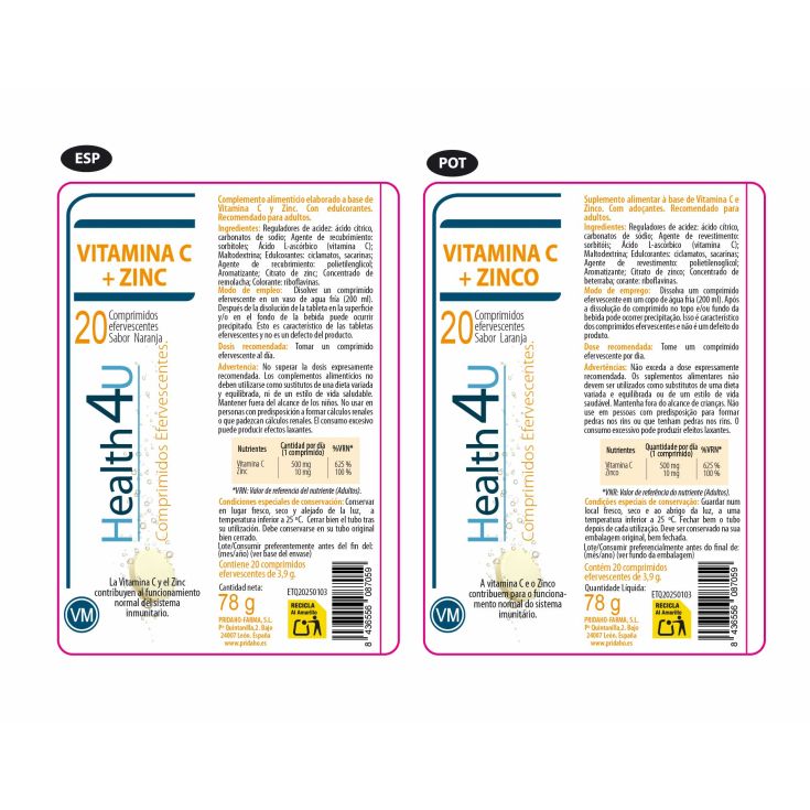 h4u vitamina c + zinc vitaminas y minerales 20 comprimidos efervescentes