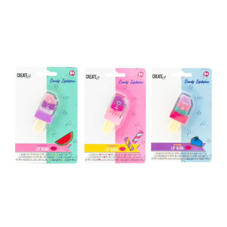 create it! candy lip gloss helado rosa, azul o lila