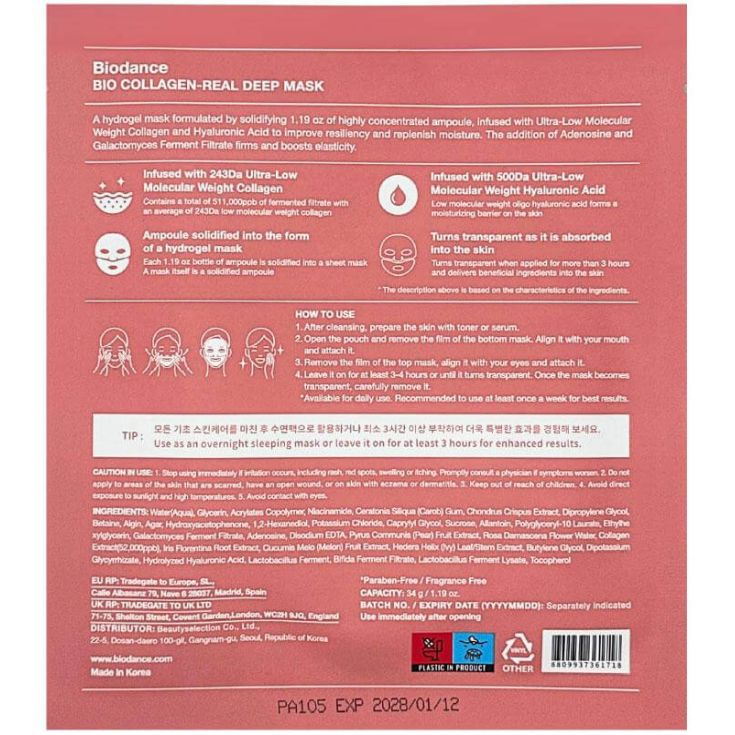 biodance bio collagen real deep mascarilla facial 1 unidad